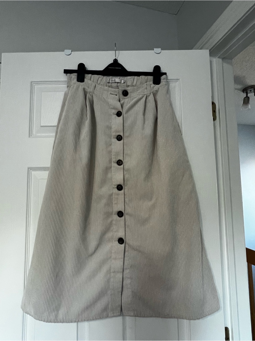 High-Waist Button-Front Midi Skirt in Light Beige